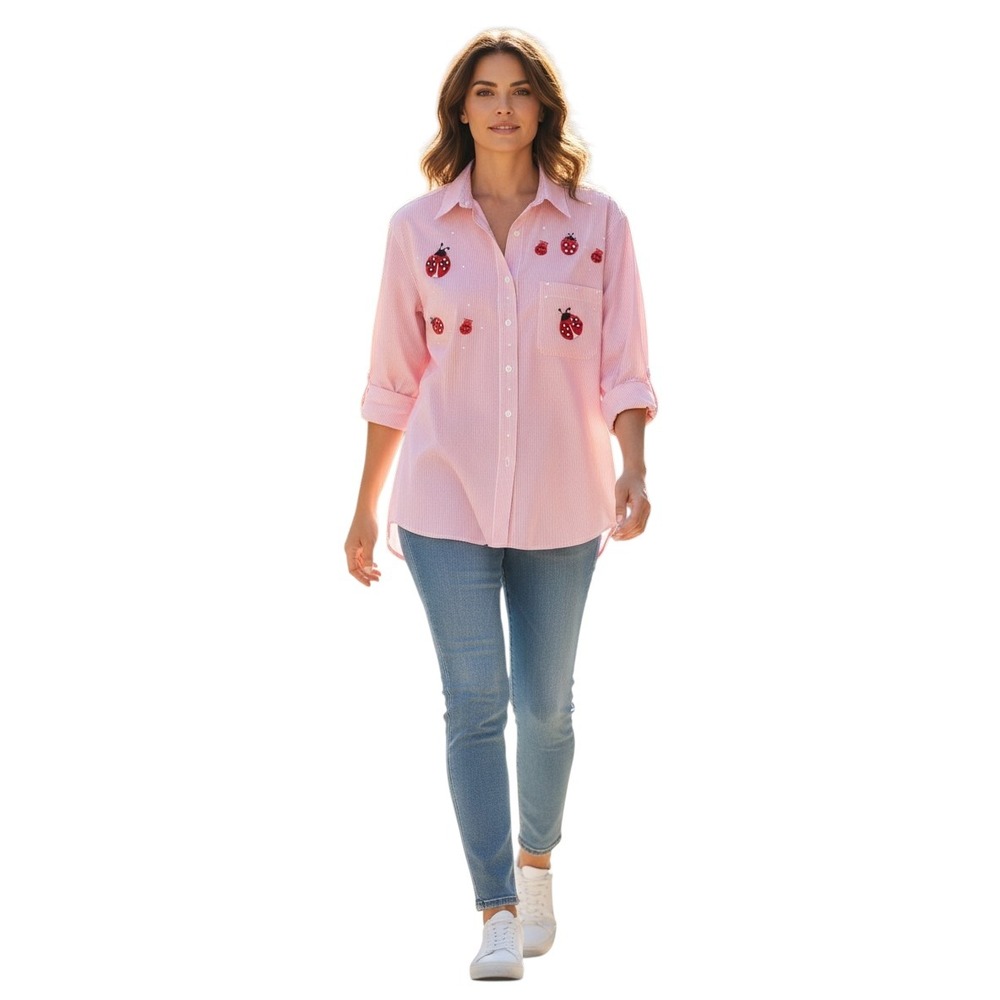 Las Olas Ladybug Stripe Button Up Women's size Medium Beachy Bling Summer Top